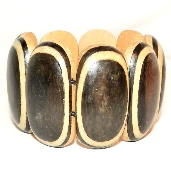 Wood Laminated Domed Flat Oval 42mm Bead 7-1/2" Elastic Stretch Bracelet BR488 - Picture 1 of 1